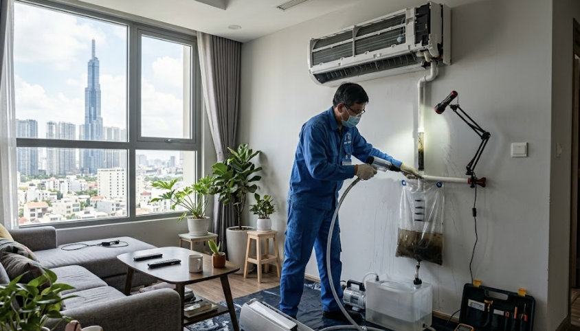 Kiểm tra ống tho&aacute;t nước m&aacute;y lạnh bị nghẹt