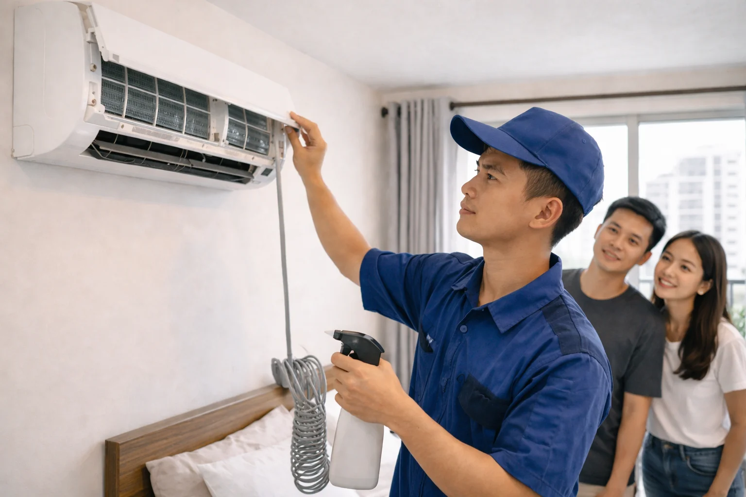 Kỹ thuật vi&ecirc;n kiểm tra m&aacute;y lạnh trực tiếp tại ph&ograve;ng trọ v&agrave; căn hộ ở Dĩ An.